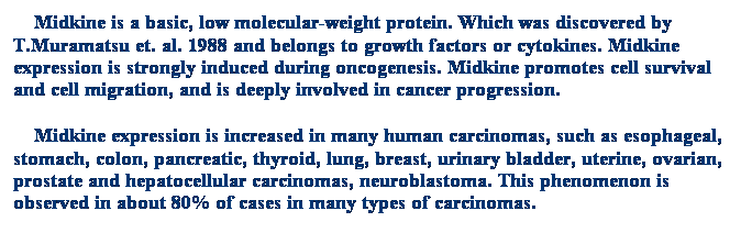 Text Box: 　Midkine is a basic, low molecular-weight protein. Which was discovered by T.Muramatsu et. al. 1988 and belongs to growth factors or cytokines. Midkine expression is strongly induced during oncogenesis. Midkine promotes cell survival and cell migration, and is deeply involved in cancer progression.
　Midkine expression is increased in many human carcinomas, such as esophageal, stomach, colon, pancreatic, thyroid, lung, breast, urinary bladder, uterine, ovarian, prostate and hepatocellular carcinomas, neuroblastoma. This phenomenon is observed in about 80% of cases in many types of carcinomas.
　This researching kit is able to detect Midkine easily and mass detection. 

